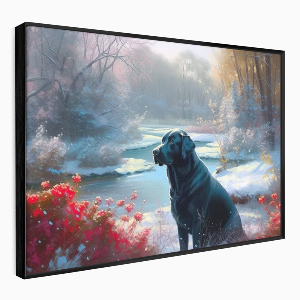 Tablou canvas cu tablou canvas cu labrador negru pe malul unui lac inzapezit, in rama de aluminiu negru